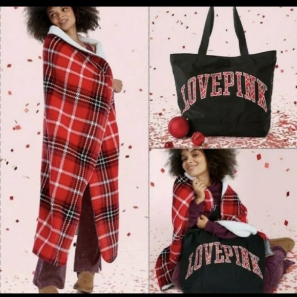 NWT 2pc Victoria's Secret Lovepink Tartan Tote & Tartan Sherpa Blanket Set - Picture 3 of 6